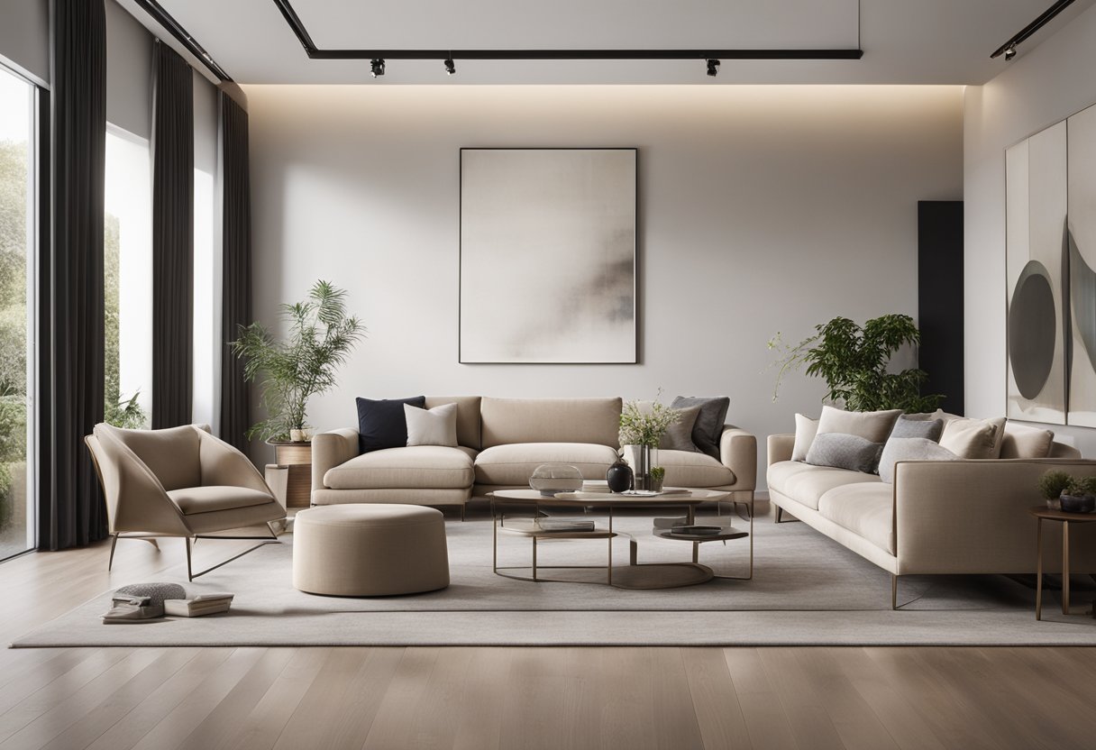 A modern living room with sleek furniture, neutral color palette, and minimalist decor. Large windows let in natural light, and a statement piece of artwork adorns the wall