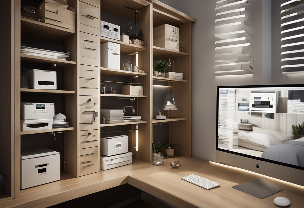 A bedroom corner with various cabinet designs. Labels and arrows point to each cabinet, indicating their purpose