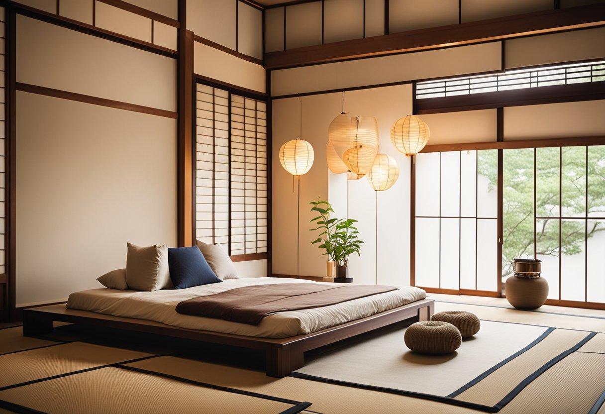 A minimalist Japanese bedroom with tatami flooring, sliding shoji screens, low futon bed, and paper lanterns casting a soft, warm glow