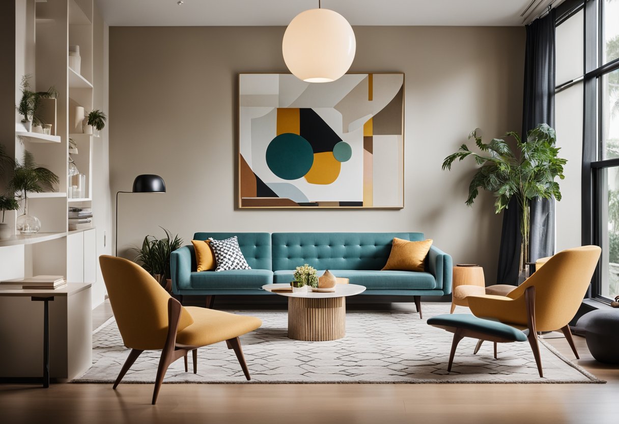 A room with mid-century modern furniture, clean lines, and organic shapes. A neutral color palette with pops of bold colors and geometric patterns