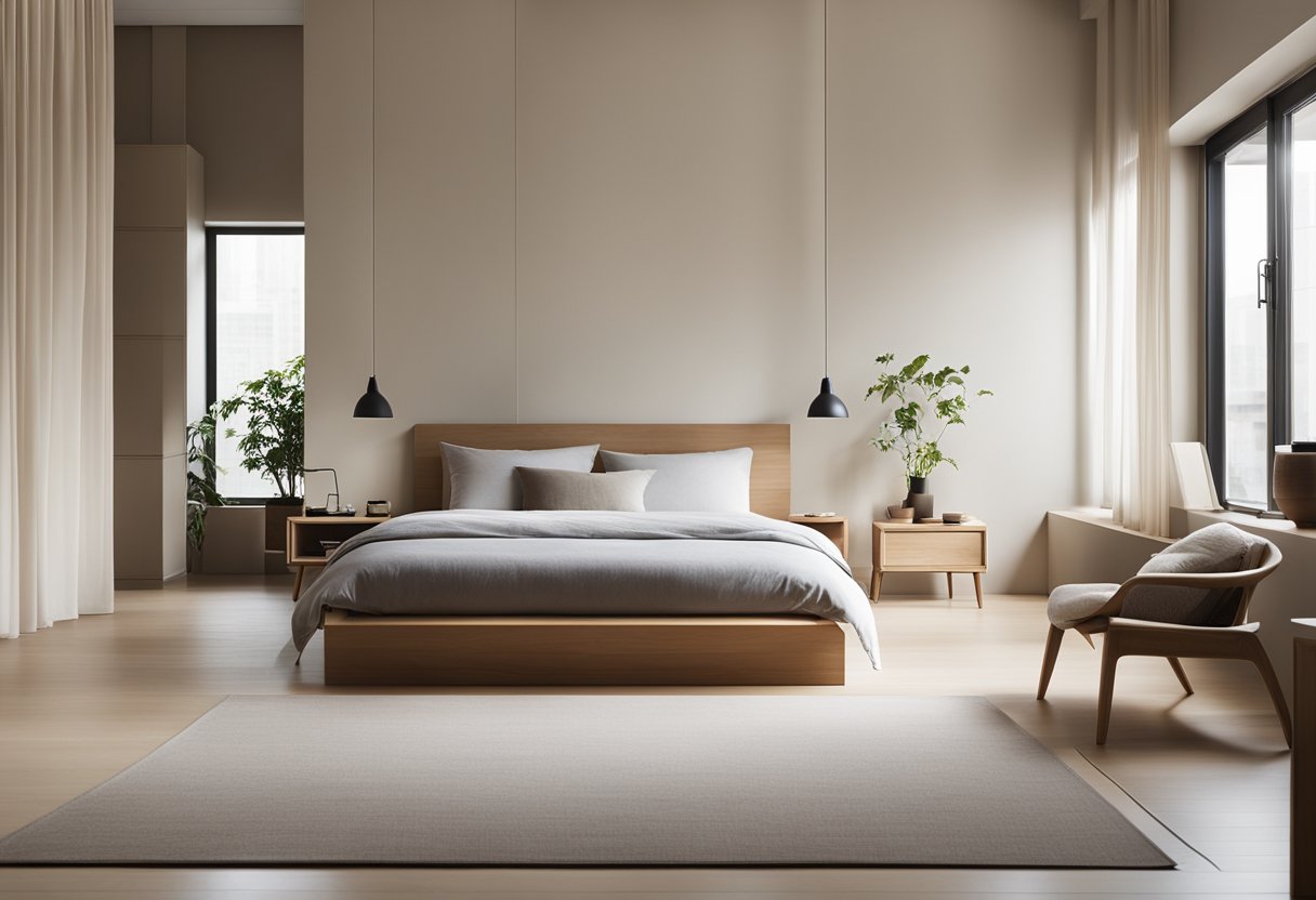 A cozy Muji bedroom with minimalist furniture, neutral colors, and natural light streaming in through the window. Clean lines and simple décor create a serene and inviting space