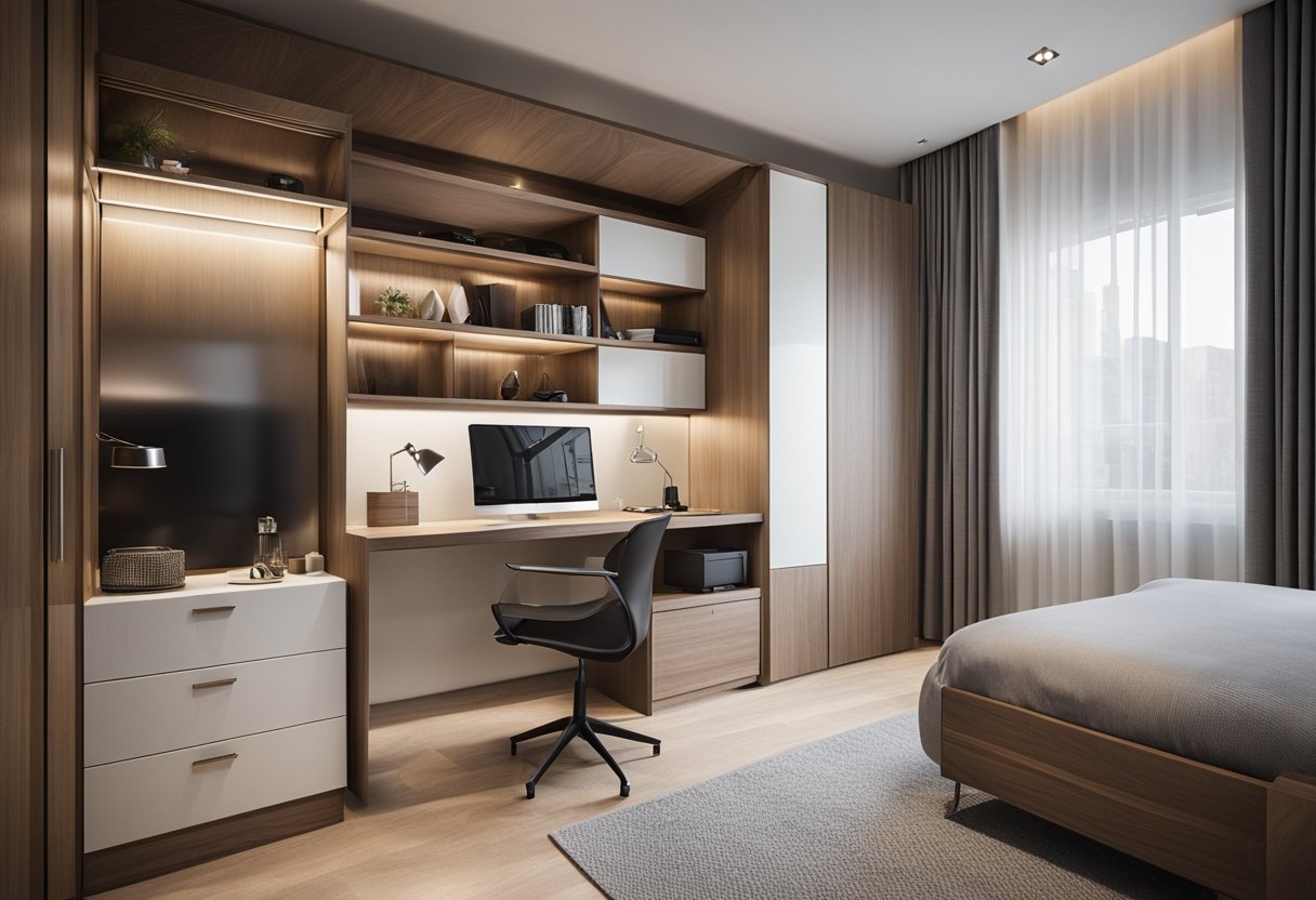 A small bedroom with a built-in cabinet featuring sleek, modern design, maximizing space with shelves, drawers, and a mirrored door