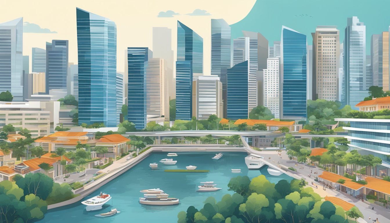 A bustling cityscape of Singapore with modern high-rise buildings and a mix of residential and commercial properties, showcasing the dynamic real estate market