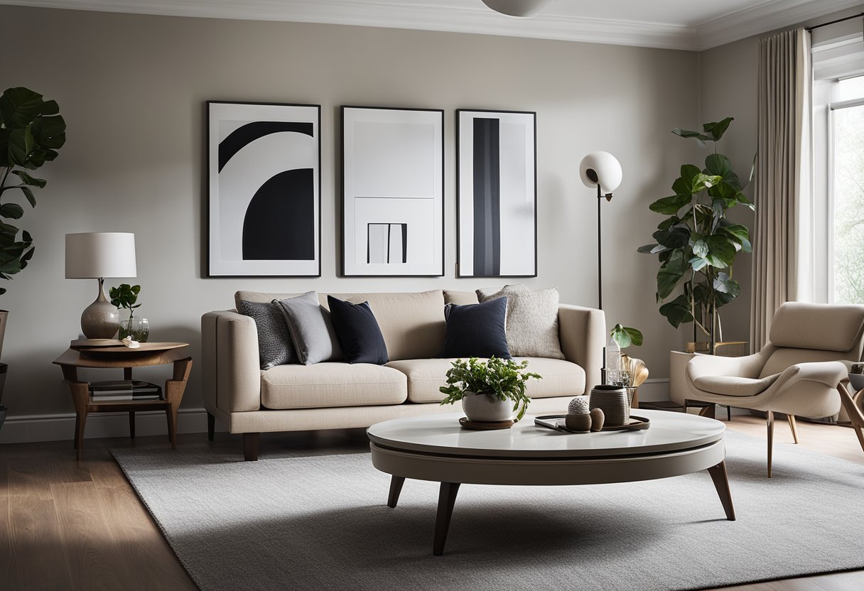 A modern living room with clean lines, neutral colors, and balanced furniture arrangement, featuring a mix of textures and a focal point artwork