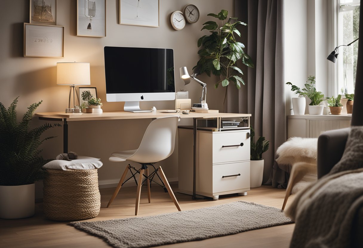 A cozy, clutter-free bedroom with space-saving furniture, neutral colors, and clever storage solutions. A small desk and a comfortable chair create a functional work area