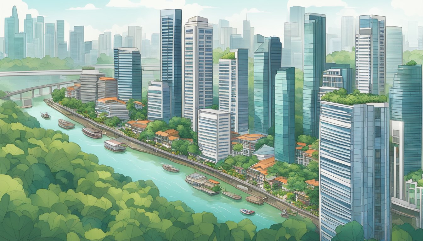 An urban skyline with a mix of modern high-rise buildings and traditional shophouses, surrounded by greenery and waterways, representing real estate investment in Singapore