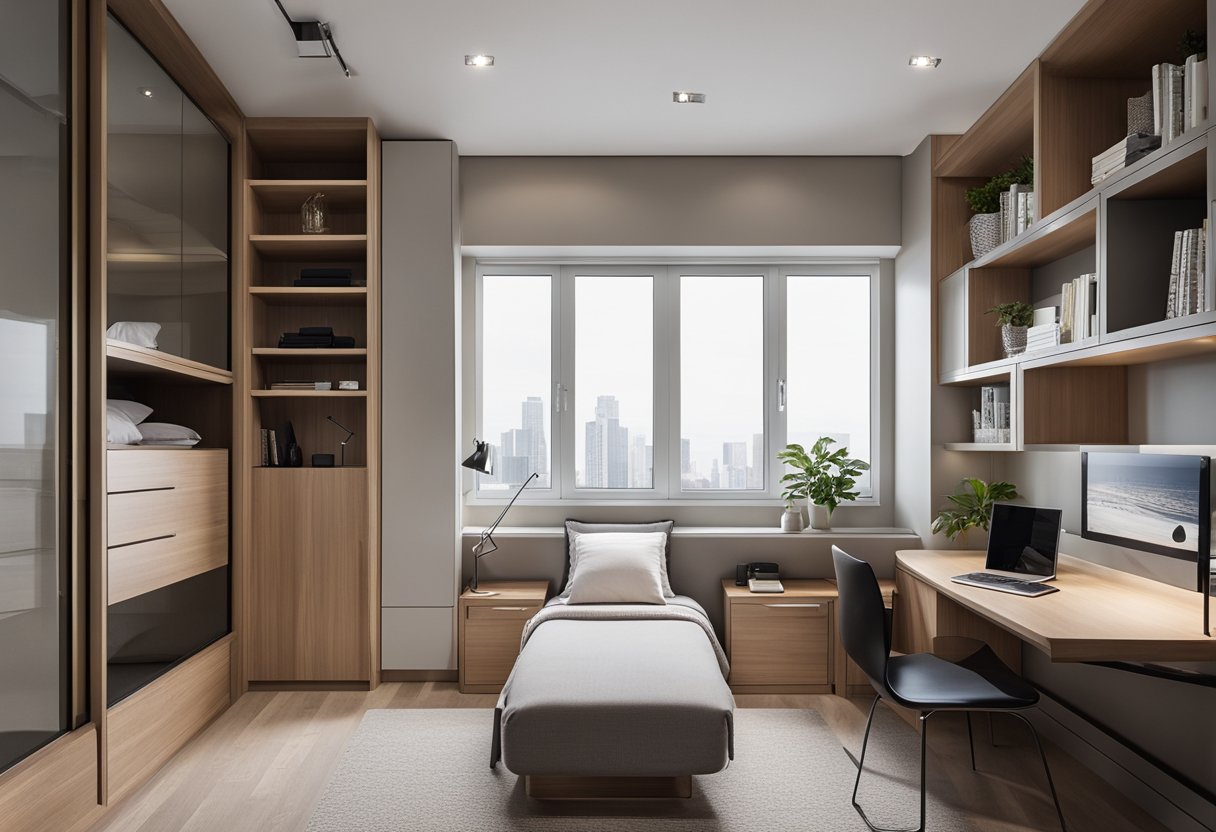 A small bedroom with a built-in cabinet maximizing storage space. The cabinet is sleek and modern, with multiple compartments and shelves for efficient organization