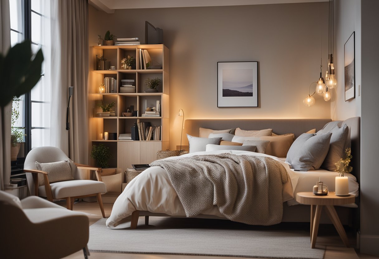 A cozy bedroom with a double bed, warm lighting, and a mix of neutral and romantic decor. A small bookshelf, a comfortable chair, and a small desk for working or relaxing