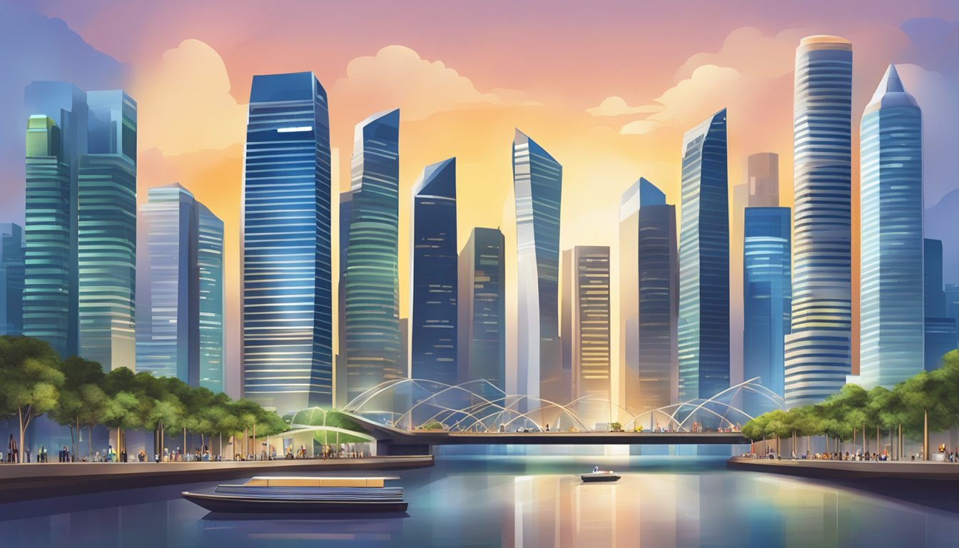 A bustling Singapore cityscape with iconic skyscrapers and bustling financial district, showcasing the allure of real estate investment
