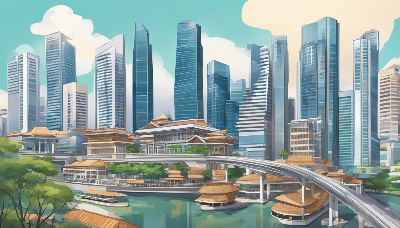 A bustling Singapore cityscape with iconic skyscrapers and a mix of modern and traditional architecture, showcasing the diverse real estate investment opportunities