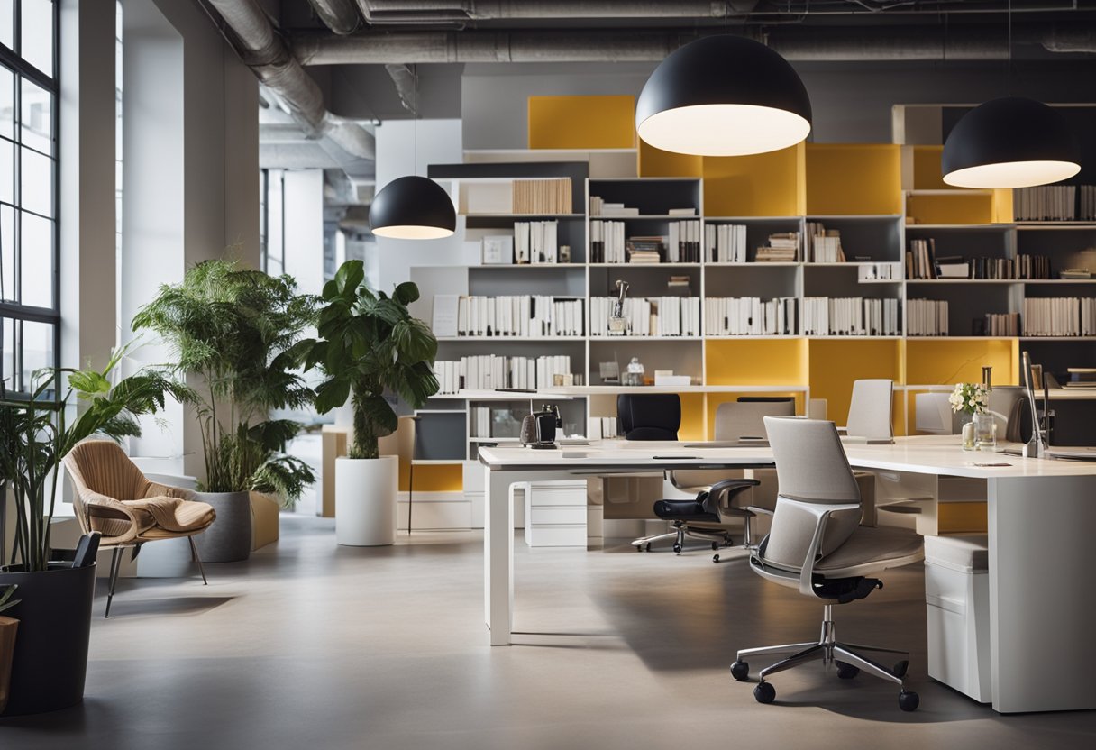 A busy office with people asking questions about interior design. Shelves of design books and samples. Bright, modern decor