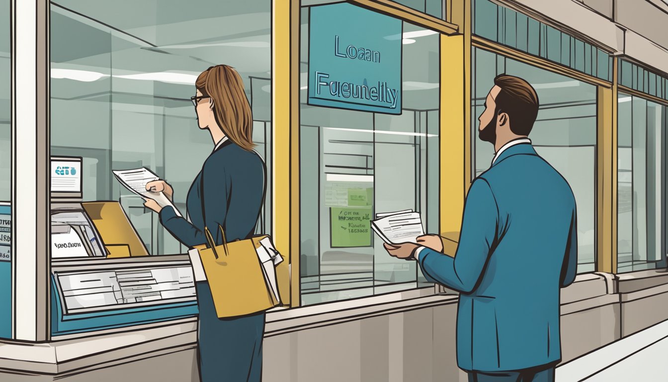 A person standing at a bank teller window, asking about a business loan. The teller is handing over a pamphlet with "Frequently Asked Questions" printed on it