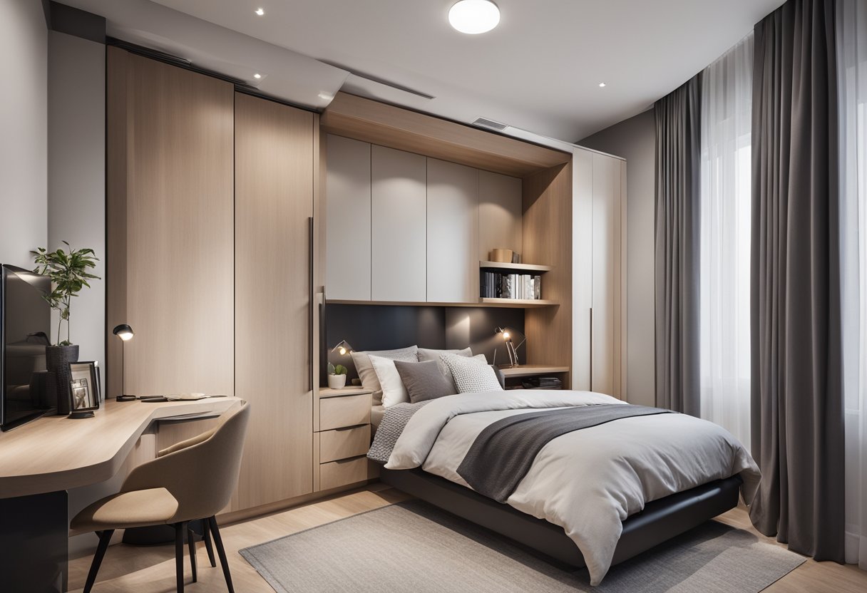 A compact bedroom with built-in cabinets, maximizing space and functionality. Clean lines and modern design create a sleek and organized aesthetic