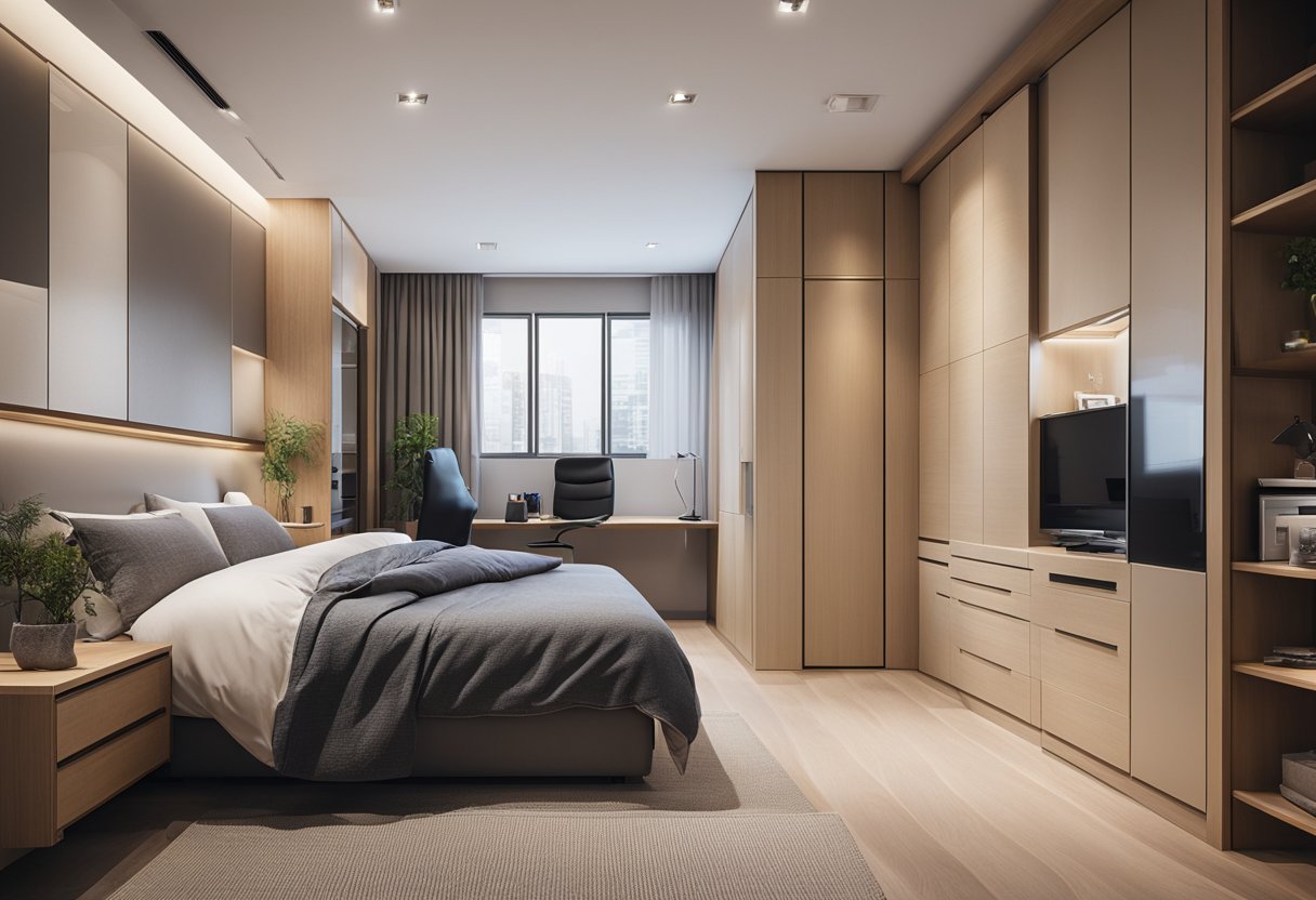 A compact bedroom with a built-in cabinet, showcasing efficient use of space and storage solutions