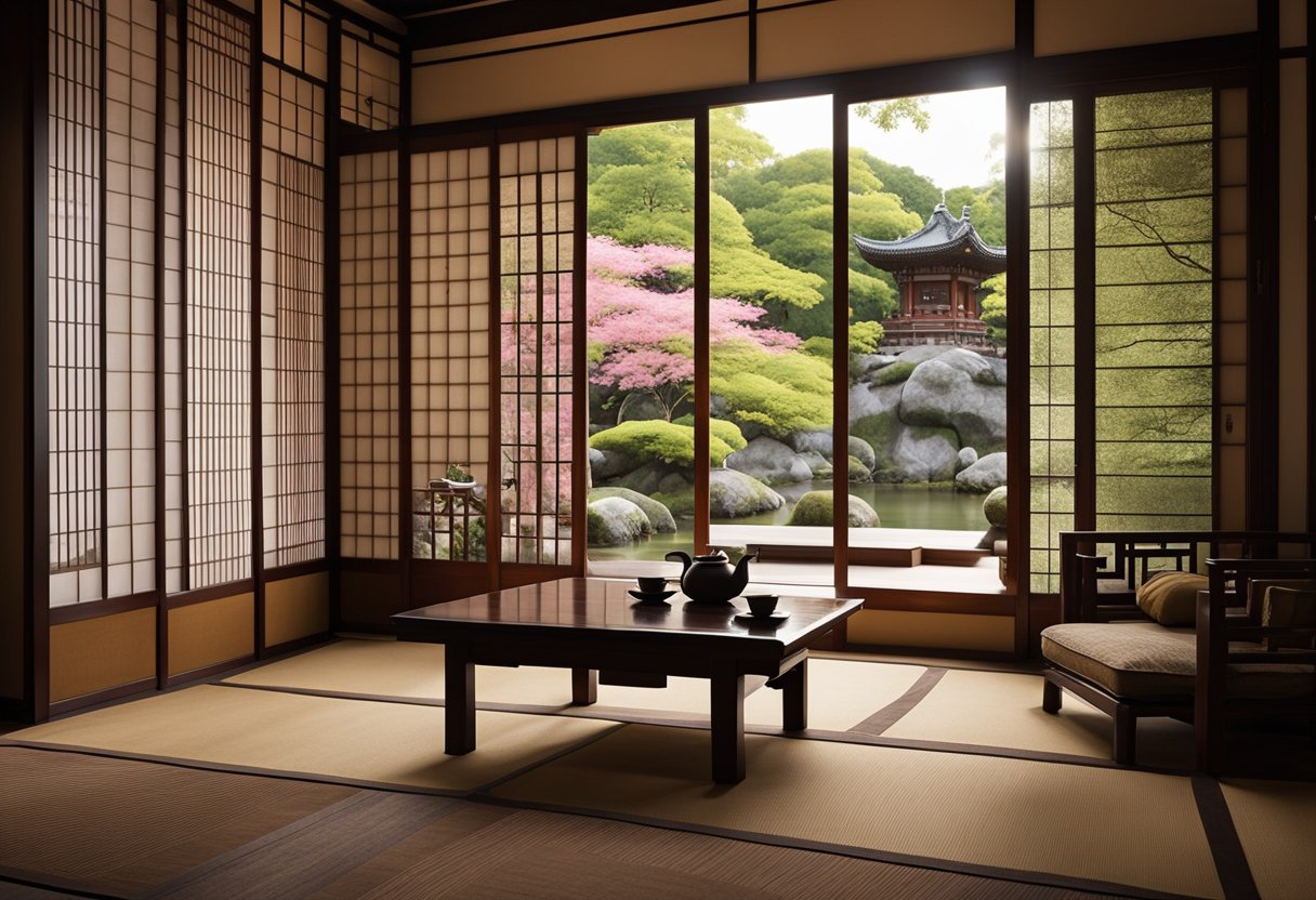 An ornate wooden screen divides the room, with a low tea table and floor cushions on one side. Lanterns and silk tapestries adorn the walls, while a traditional Japanese garden can be seen through the paper sliding doors