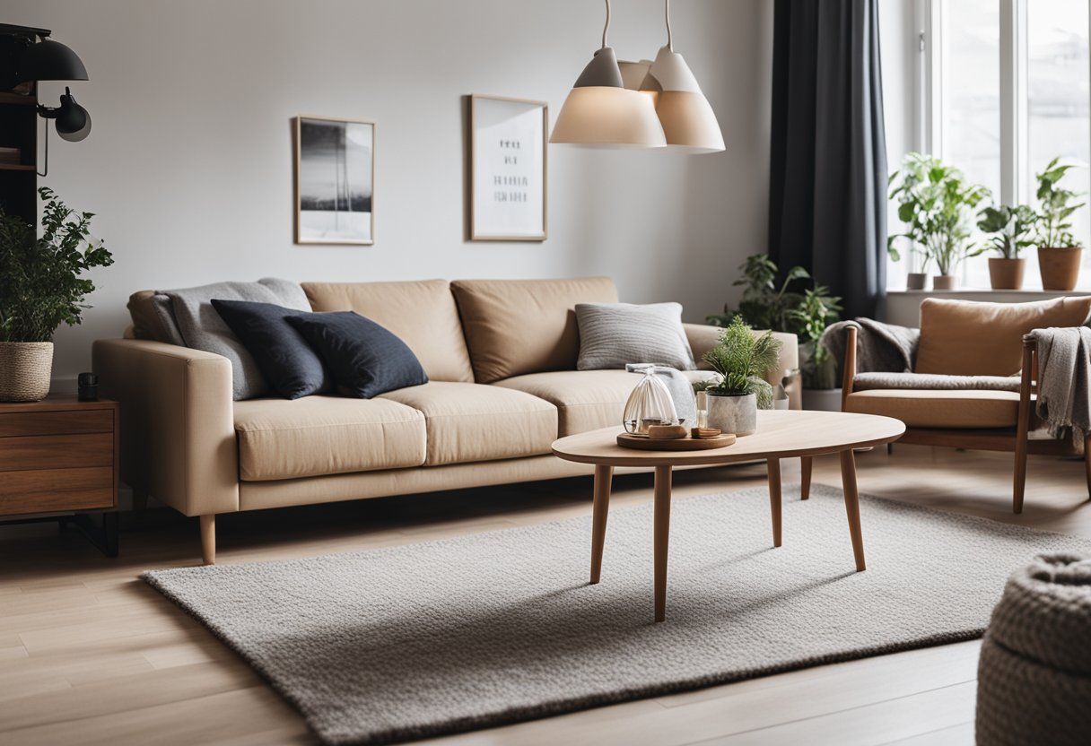 A cozy nordic living room with minimalistic furniture, natural light, neutral colors, and wood accents