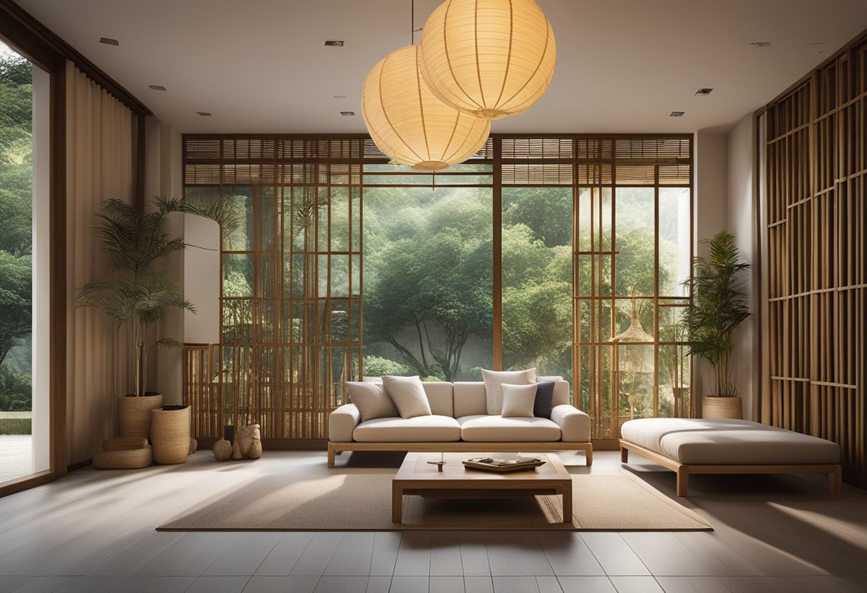 A serene room with low furniture, paper lanterns, and bamboo accents, creating a peaceful and harmonious atmosphere