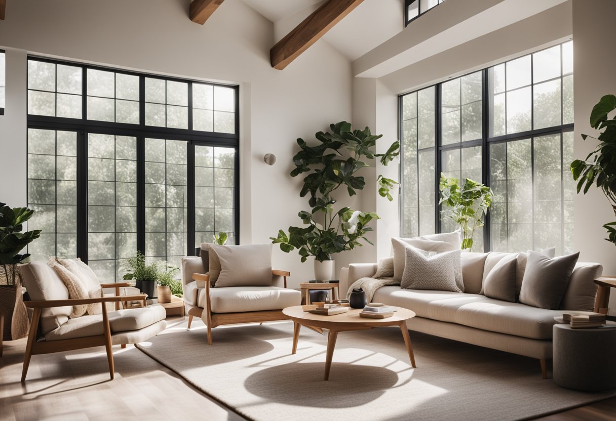 A cozy living room with minimalistic furniture, neutral color palette, natural materials, and plenty of natural light streaming in through large windows