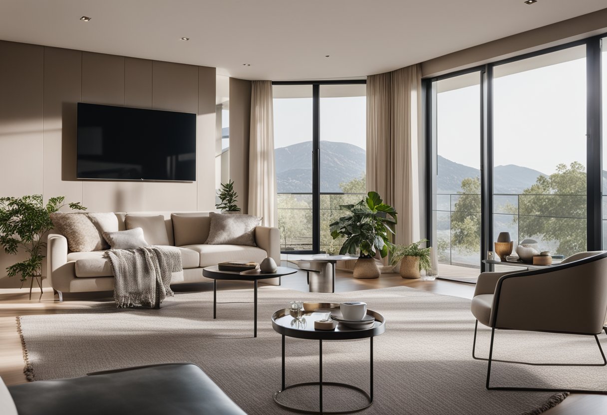 A modern living room with sleek furniture, neutral color palette, and large windows letting in natural light