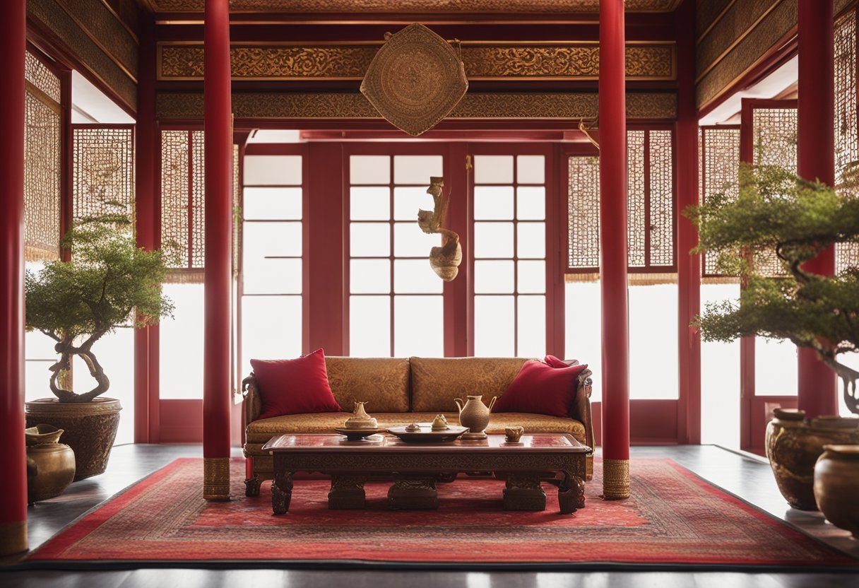 An ornate red and gold lacquered screen divides the room, while a low wooden table is adorned with a bonsai tree and a ceramic tea set. Oriental rugs and silk cushions add warmth and comfort to the space