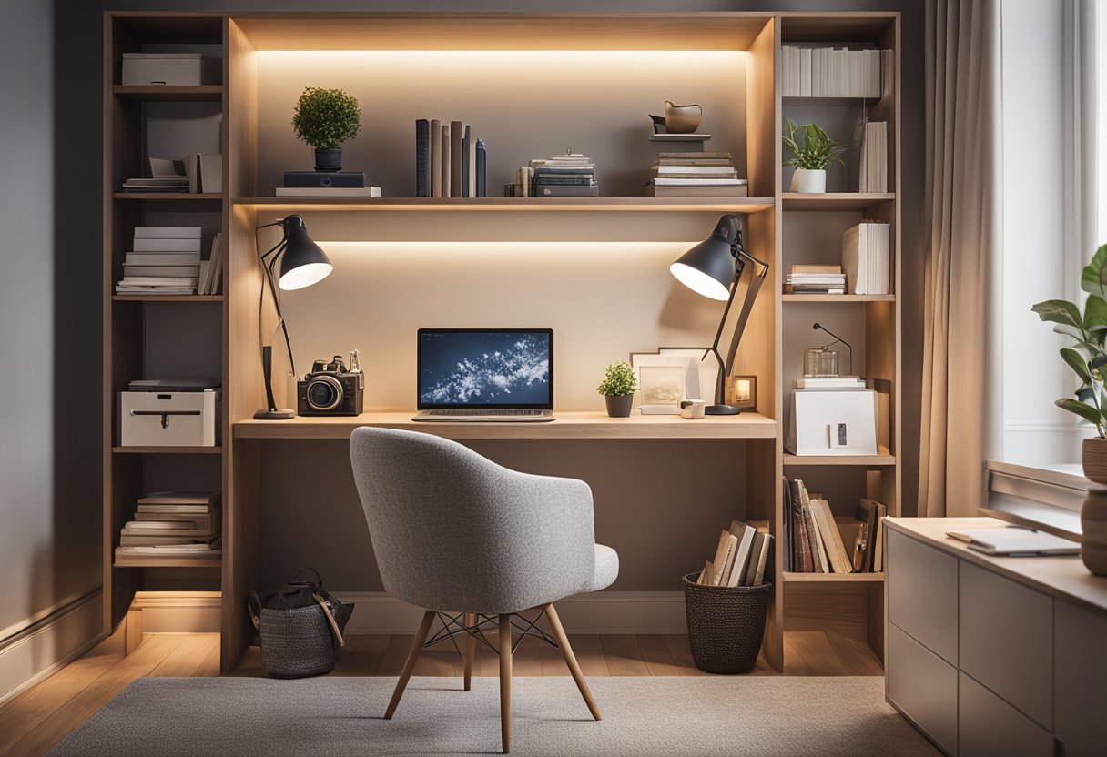 A cozy bedroom office with a compact desk, bookshelves, and a comfortable chair. Soft lighting and a neutral color palette create a calming atmosphere