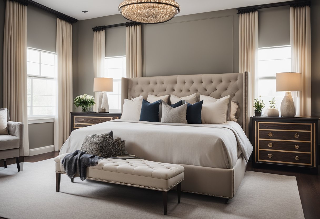 A spacious master bedroom with a luxurious king-size bed, elegant nightstands, and a cozy seating area by the fireplace