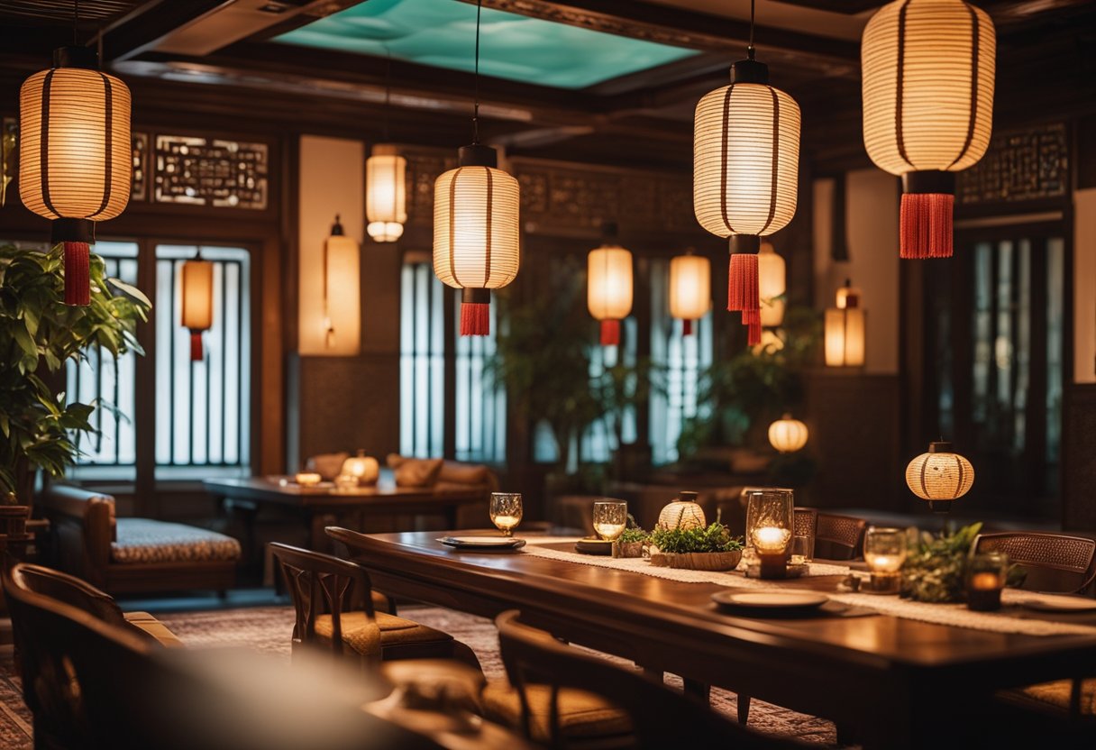 An ornate Oriental interior with traditional furniture, intricate patterns, and rich colors. A low dining table surrounded by floor cushions, paper lanterns hanging from the ceiling, and a serene indoor garden