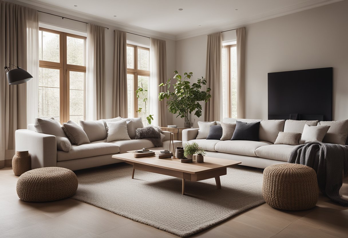 A cozy living room with minimalist furniture, natural materials, and a neutral color palette. Large windows let in plenty of natural light, and a fireplace adds warmth to the space
