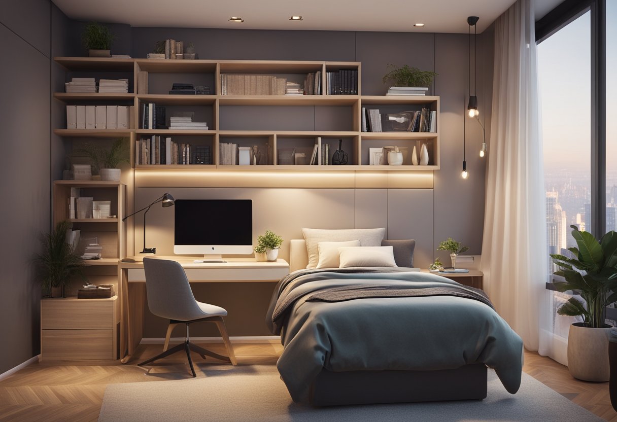 A cozy bedroom with a desk and chair tucked into a corner. Shelves and storage solutions maximise space. Soft lighting and a comfortable bed create a restful atmosphere