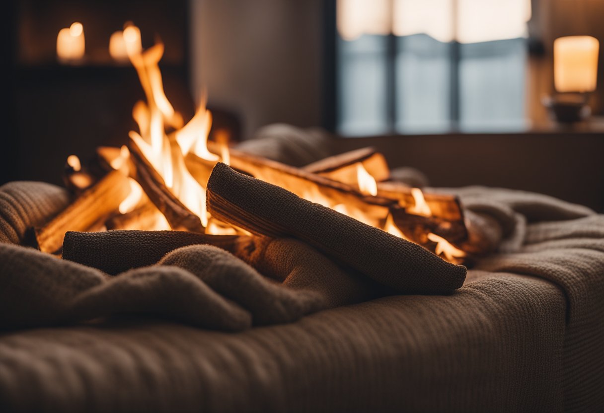 A crackling fire warms the room, casting a soft glow on plush pillows and warm blankets. Soft lighting and earthy tones create a tranquil ambiance