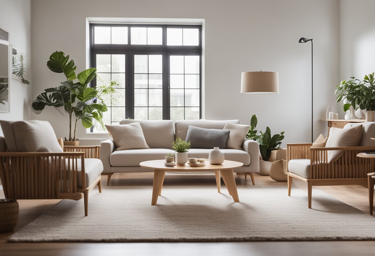 A cozy, minimalist living room with light wood furniture, clean lines, and neutral color palette. A large window lets in natural light, and a cozy rug adds warmth to the space