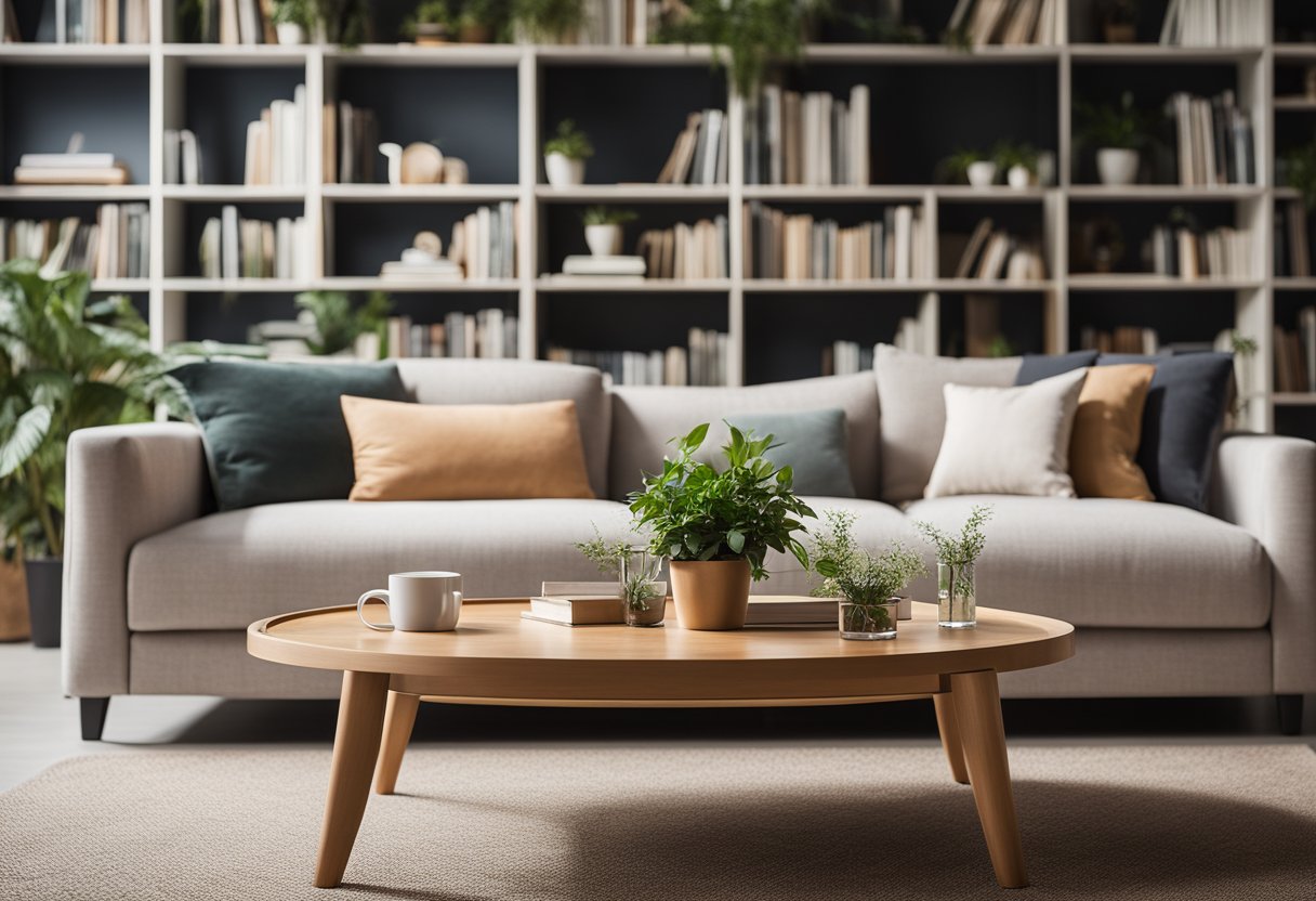 A cozy living room with a modern sofa, a coffee table, and a bookshelf. Soft lighting and plants add warmth to the space