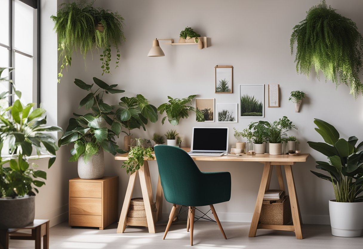 A clutter-free desk with natural light, plants, and motivational quotes on the wall. A comfortable chair and organized storage for supplies completes the scene