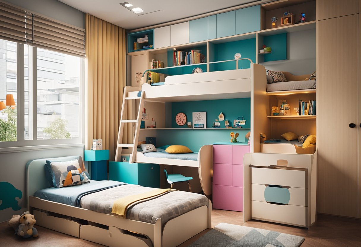 A colorful, organized children's bedroom in Singapore, with a bunk bed, study area, and playful wall decals