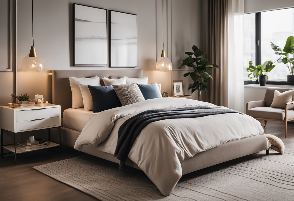 A cozy bedroom with modern furniture, soft lighting, and a neutral color palette. A large bed with plush bedding, a stylish nightstand, and a decorative rug complete the inviting space
