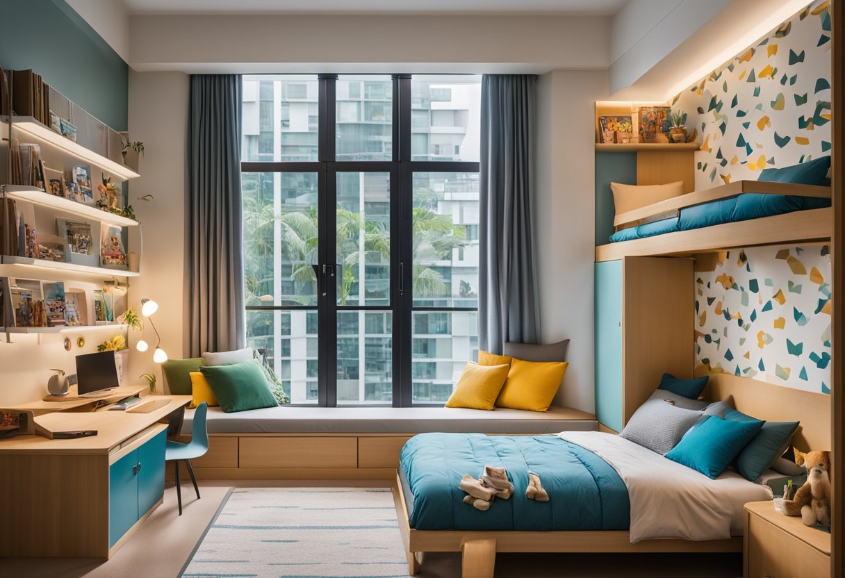 A bright, colorful child's bedroom in Singapore with a bunk bed, study area, and playful wall decals. Large windows let in natural light, and a cozy reading nook completes the space