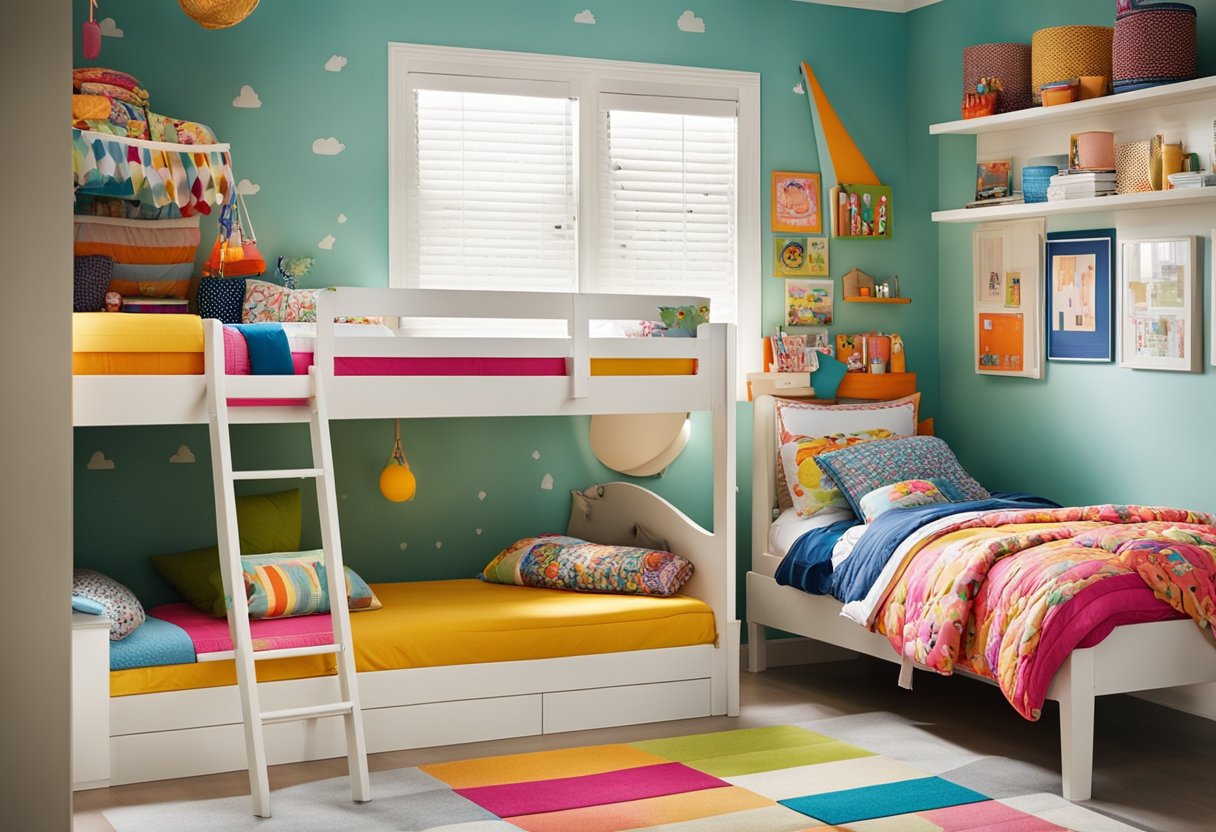 A colorful and playful children's bedroom with a bunk bed, a study area, and plenty of storage for toys and books. Bright, cheerful colors and fun patterns create a lively and inviting space