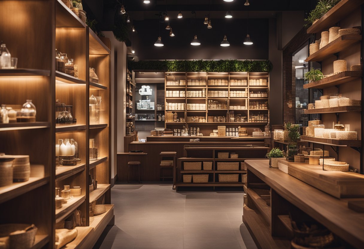 The shop interior is cozy, with warm lighting and earthy tones. Shelves are neatly organized with various products, and there are comfortable seating areas for customers to relax