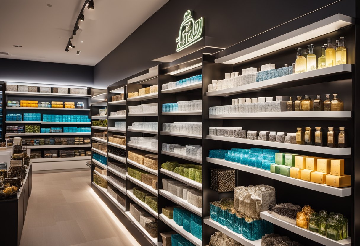 The retail space features sleek, modern shelving and displays, strategically placed lighting to highlight products, and a vibrant color scheme to create an inviting atmosphere