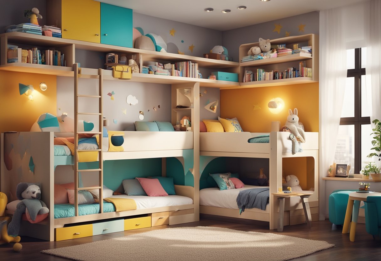 A cozy children's bedroom with colorful wall decals, a bunk bed with playful bedding, a study area with a small desk and chair, and shelves filled with toys and books
