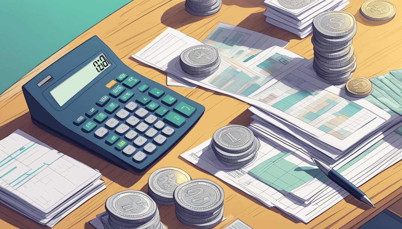 A stack of bills and coins on a desk, with a calculator and financial documents, representing the management of startup finances and the need for a loan to start up a business