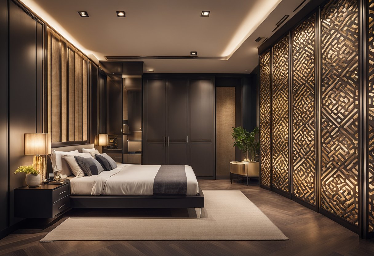 A bedroom with modern sunmica designs on the wardrobe, bed frame, and side tables. Warm lighting highlights the intricate patterns and textures