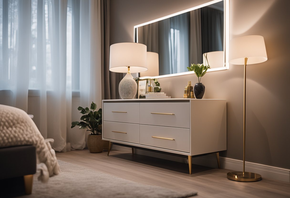 A bedroom with a modern wall mirror above a sleek dresser, reflecting soft lighting and the cozy decor of the room