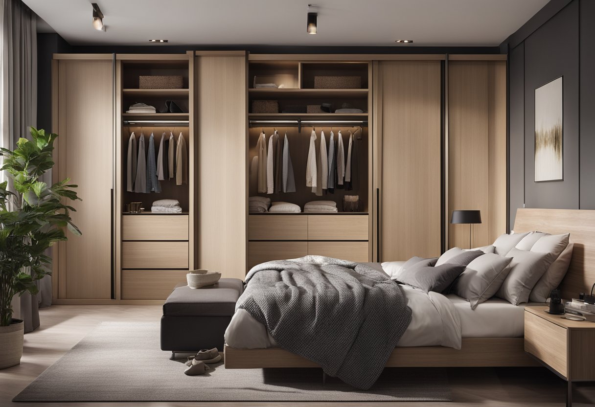 A spacious bedroom with a sleek, modern wardrobe. The wardrobe features sliding doors, ample storage space, and a stylish combination of wood and glass materials