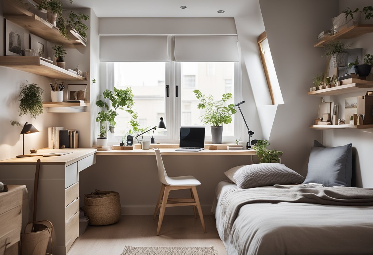 A cozy, clutter-free small bedroom with a loft bed, built-in storage, and a fold-down desk. Soft, neutral colors and natural light create a serene atmosphere