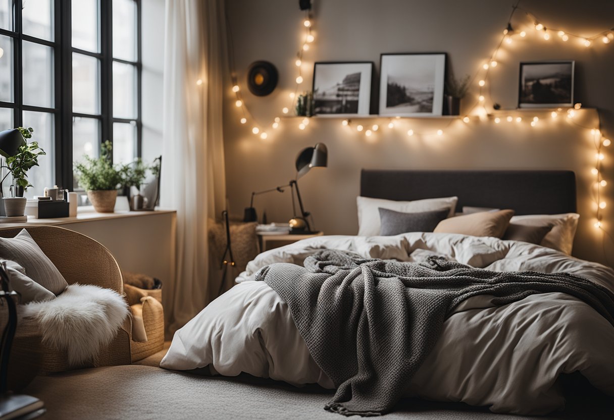 A cozy, clutter-free bedroom with a neutral color scheme, string lights, and a cozy reading nook by the window. A sleek desk and a comfortable bed with plenty of throw pillows complete the look