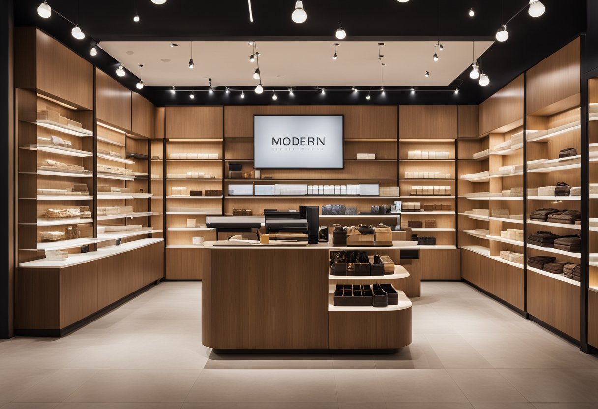 A modern, minimalist shop interior with clean lines, warm lighting, and comfortable seating areas. Display shelves showcase products, while a sleek checkout counter invites customers to engage with the space