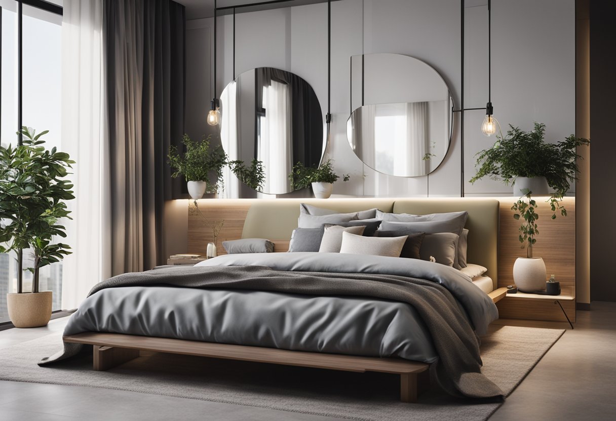 A bedroom with a modern wall mirror design, reflecting the room's decor and adding depth to the space
