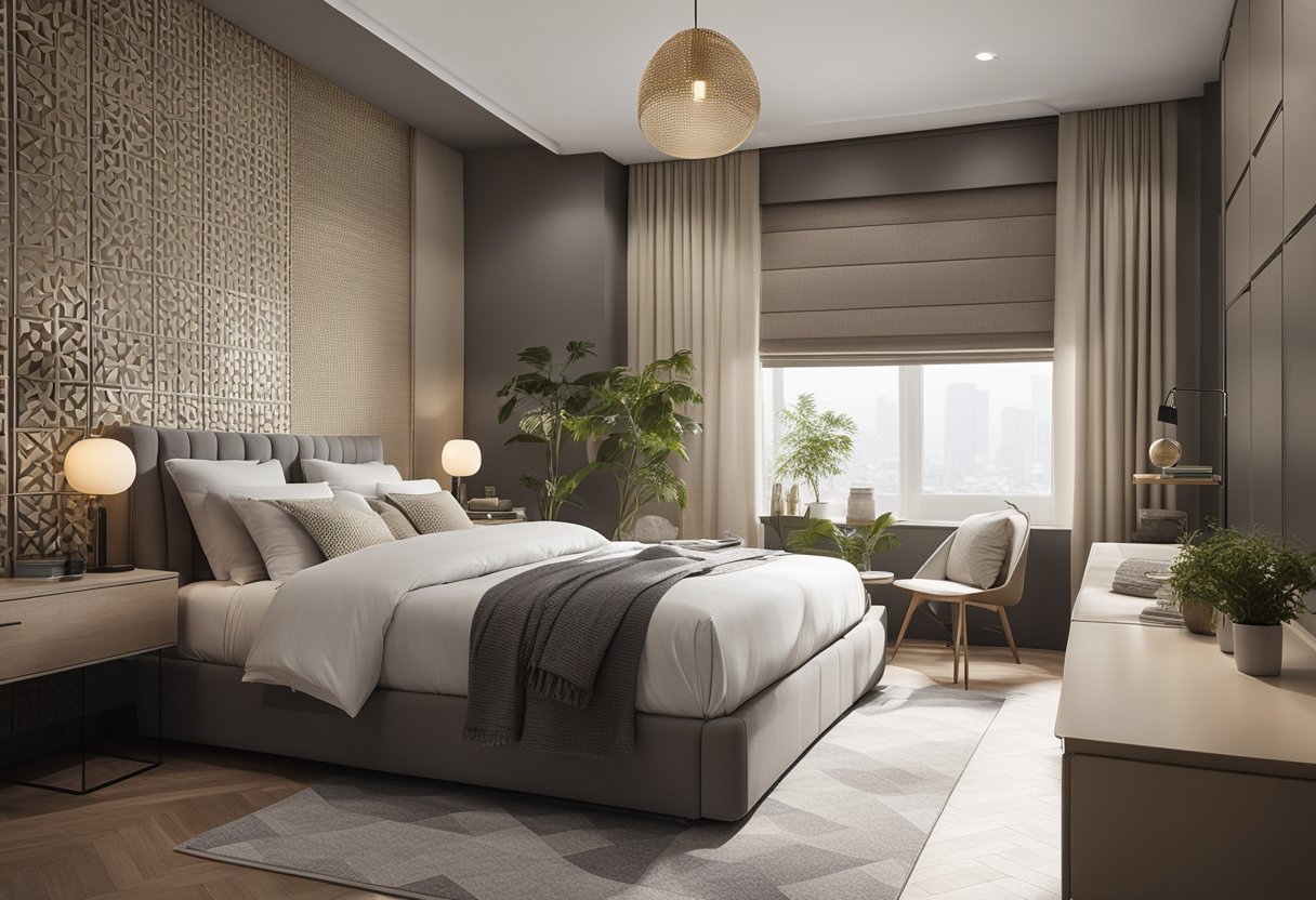 A modern bedroom with sleek sunmica designs on wardrobes and bedside tables, featuring geometric patterns and muted color palettes