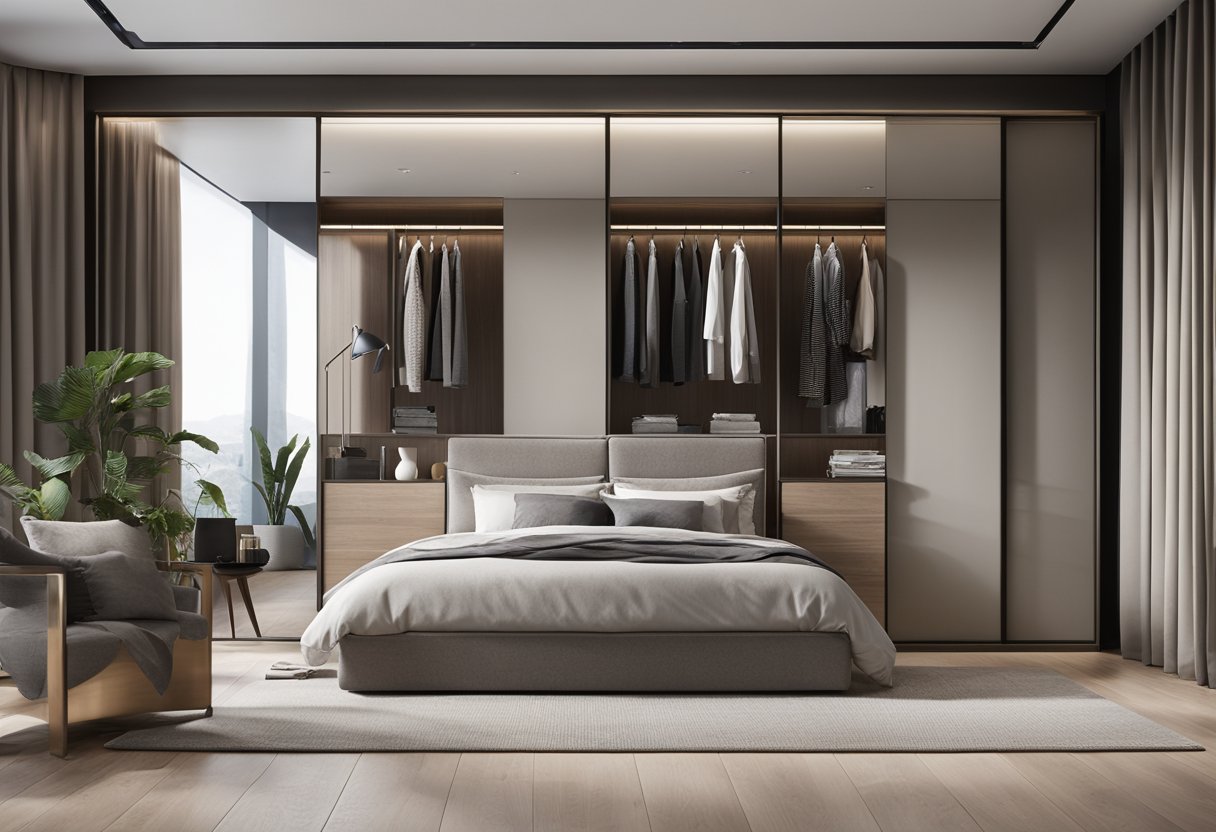 A bedroom with a smart wardrobe design, featuring sliding doors, built-in storage compartments, and a mirrored finish to create the illusion of more space